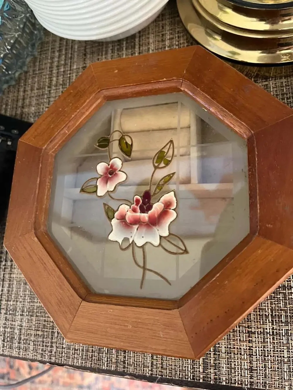 Vintage Octagonal Wooden Jewelry Box with Floral Glass Lid